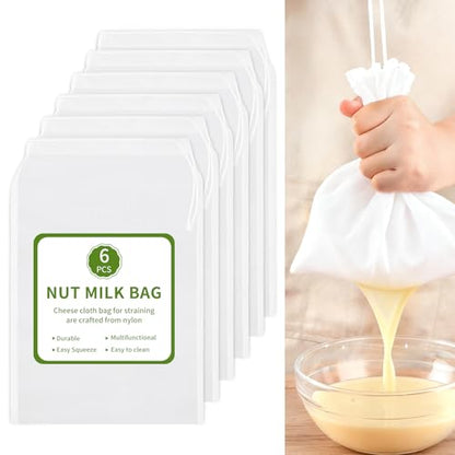6 Pcs Nut Milk Bag 12 x 8 Inch, 200 Mesh Reusable Fine Mesh Nylon Strainer Bag, Cheese Cloth Bag for Straining Cheese, Yogurt, Juice, Coffee, Tofu, Tea, Almond Milk