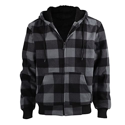 Facitisu Winter Heavy Warm Sherpa Lined Fleece Plaid Flannel Jacket Men Plus Size S-5XL Big&Tall Mens Coat - color: H-grey, size: 4X-Large