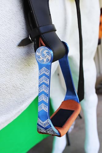 Horse Western 5" Wide Barrel Racer Engraved Aluminum Show Stirrups 51244 - color: Blue