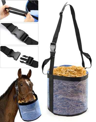 QWORK 2 Pack Horse Feed Bag for Grain - Durable Mesh Grain Feeder with Adjustable Strap, Comfortable Neck and Nose Pad Horse Muzzle Feed Bag, for Feeding Grain, Powder, Supplements, Blue