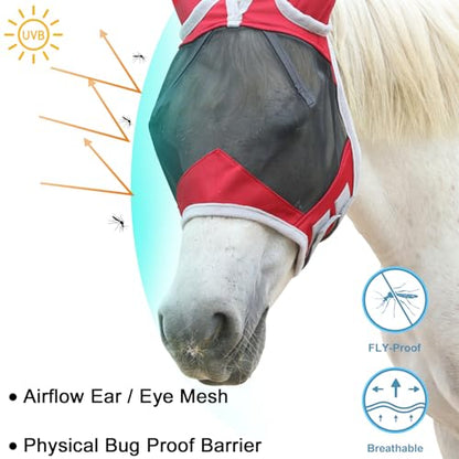 Horse Fly Mask with Ears, Breathable Fine Mesh Red Pony - color: Red, size: Pony