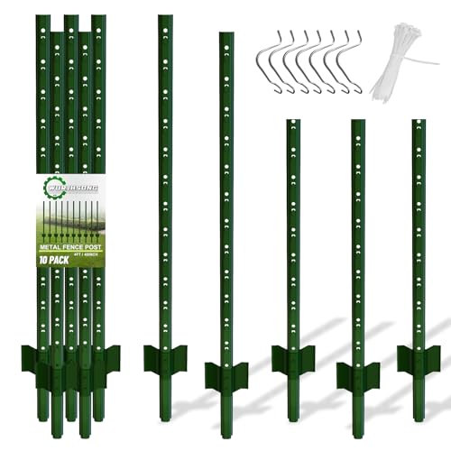 4 Feet (L) Fence Post 10 Pack Metal Fence Posts, Green Garden Fence Post with 20 Zip Ties and 20 Metal Clips, for Wire Fencing, Yard, Lawn, Outdoor Landscaping