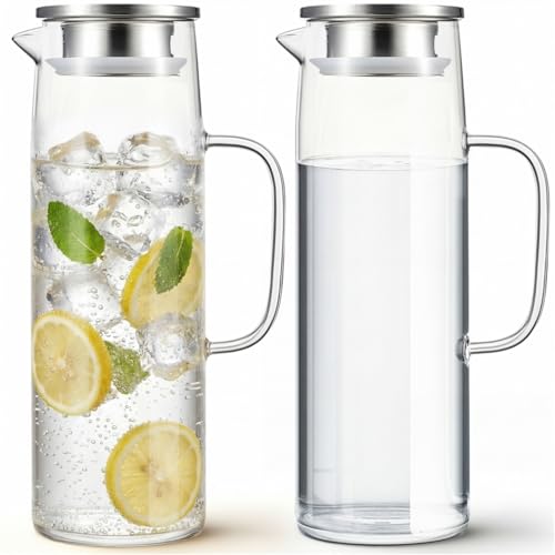 Hsei 2 Sets Glass Pitcher with Lid, 50 oz / 1500 ml Water Carafe with Handles Hot Cold Beverage Water Jar Glass Jug for Tea Juice Milk Coffee Iced Beverage - color: Stainless Steel Lid, size: 1.5l