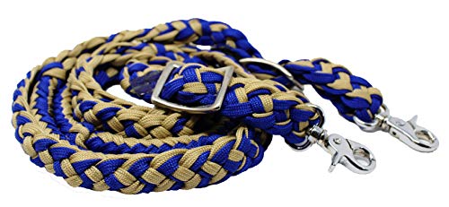 CHALLENGER Roping Knotted Horse Tack Western Barrel Reins Rein Nylon Braided 8 Ft. Black WH 60703 - color: Tan/Royal Blue