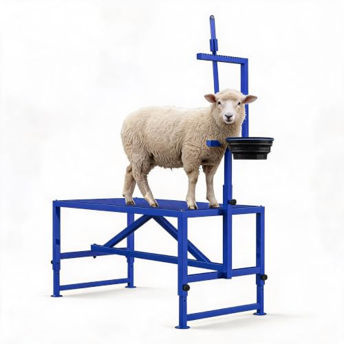 Heavy Duty 400LBS Goat Stand with Feed Bin, 35 Inch Goat Milking Stand Adjustable Headpiece & Legs, Livestock Table for Grooming, Shearing, Physical Examination, Blue | Adjustable 35-Inch Platform, Headpiece & Legs, Stanchion for Grooming, Shearing, and P