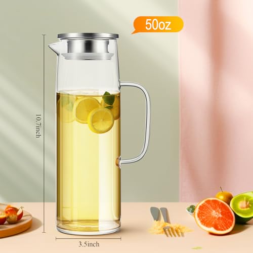 Hsei 2 Sets Glass Pitcher with Lid, 50 oz / 1500 ml Water Carafe with Handles Hot Cold Beverage Water Jar Glass Jug for Tea Juice Milk Coffee Iced Beverage - color: Stainless Steel Lid, size: 1.5l