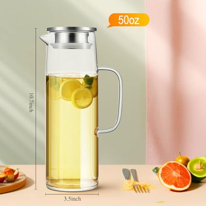 Hsei 2 Sets Glass Pitcher with Lid, 50 oz / 1500 ml Water Carafe with Handles Hot Cold Beverage Water Jar Glass Jug for Tea Juice Milk Coffee Iced Beverage - color: Stainless Steel Lid, size: 1.5l