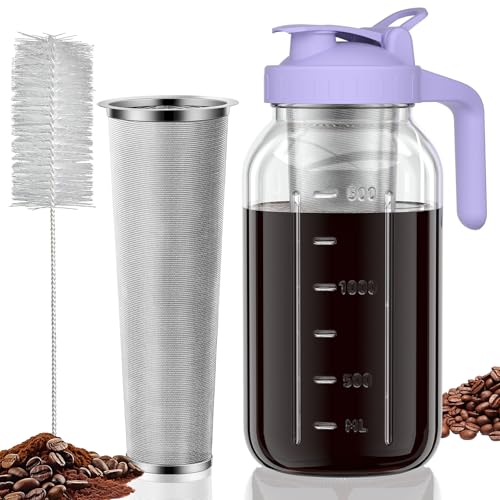 JunVpic Cold Brew Coffee Maker, 64 oz Glass Mason Jar Pitcher | 100μm stainless steel filter, wide mouth design, leak-proof lid with handle, pour spout for iced coffee, tea and cold drinks - color: Purple, size: 64 Ounces