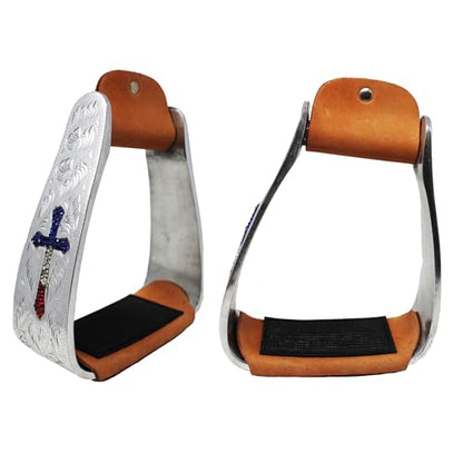 CHALLENGER Horse Saddle Stirrup Pair Western Aluminium Cross Engraved Saddle Rhinestones 51207V