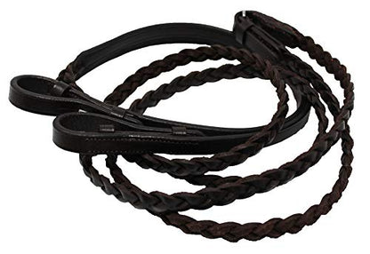 CHALLENGER 54" Full Horse English Braided Black Leather Reins 805LR01BK - color: Brown/Stainless