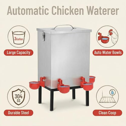 3 Gallon Chicken Waterer with Cups & Nipples, Stainless Steel