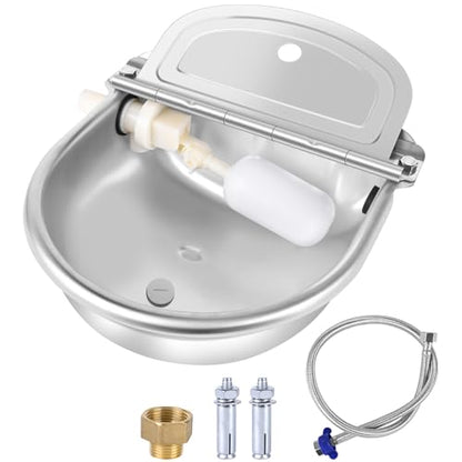 MYFAMIREA Automatic Animal Drinking Water Bowl Stainless Steel Waterer Feeder Farm Dog Dispenser Kit Self Filling for Livestock Horse Goat Water Trough with Float Valve Drain Hole Hose Adapter Bolts - size: 1 PCS