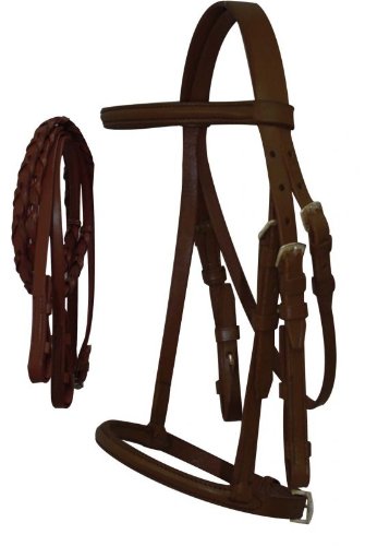 English Bridle with Raised browband and Braided Leather reins Horse Size - color: Dark Brown