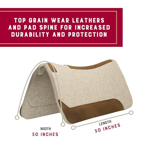 Weaver Equine Wool Blend Felt Western Saddle Pad for Horses, 30" x 30" | Shock-Absorbing Shape Helps Reduce Pressure & Improve Comfort for Long Rides, Daily Training, Trail & Barrel Work, Tan