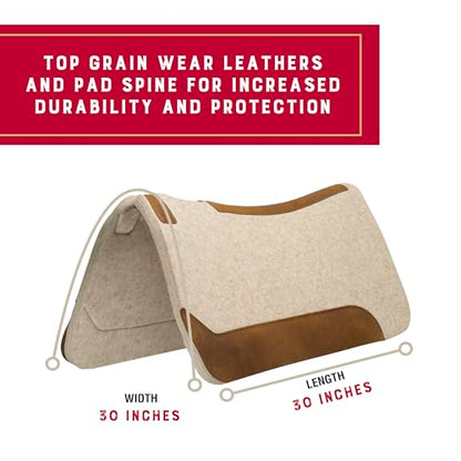 Weaver Equine Wool Blend Felt Western Saddle Pad for Horses, 30" x 30" | Shock-Absorbing Shape Helps Reduce Pressure & Improve Comfort for Long Rides, Daily Training, Trail & Barrel Work, Tan
