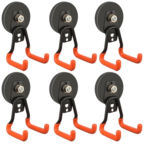 ULIBERMAGNET New Upgraded Heavy Duty Magnetic Garage Hooks,6 Pack Strong Large Magnet Hooks for Power Drill,Garden Tools,Hose,Pegboard,Garage, Workshop,Magnetic Storage Hook for Hanging(Orange) - style: V1 Pro 2.59" Strong Medium L Orange 6PC