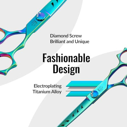 Dog Grooming Scissors: 7" Straight Pet Shears Skeletonized blade Made Of Japanese 440C for Trimming Dogs Cats and Other Pets Green (Straight G, 7") - style: Straight G