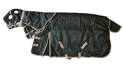 AJ Tack 1200D Waterproof Winter Horse Blanket with Hood - 400g Heavyweight Turnout with Fleece Collar, Shoulder Gussets & Tail Flap - Black 66" - size: 66 Inches Small