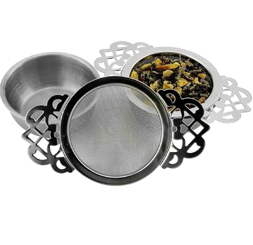 SOLSTICE TEA TRADERS Empress Tea Strainers with Drip Bowls (Pack of 2) Elegant Stainless Steel Loose Leaf Tea Strainers