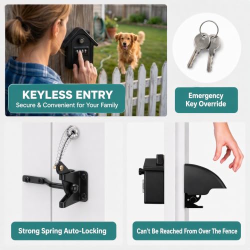 Keyless Heavy Duty Gate Latch, Two-Way Passage Steel Lock Fits Wood Fence & PVC Gate, All Weather Outdoor Rustproof Security Latch