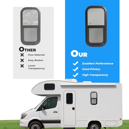 HECASA Universal RV Window 12" W x 24" H Vertical Slide Teardrop Window W/ | Trim Ring and Net Screen Tempered Glass Aluminium Plastic Rubber (1PC) - size: 12" W x 24" H