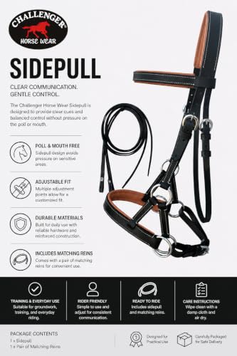 CHALLENGER Horse Western Brown Leather Training Tack Bitless Sidepull Bridle Reins 7711 - color: Black/Tan, size: Full