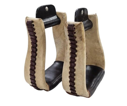 Western Rawhide Covered Horse Riding Stirrups, Pair | Wide Saddle Stirrup, 3" Neck, Leather Wrapped, Equestrian Tack