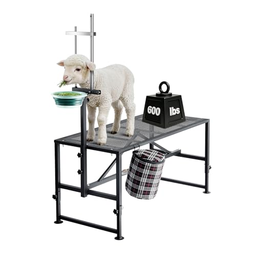 VEVOR Goat Milking Stand, 600 lbs Heavy Duty Goat Stand with Feed Bin, Adjustable Headpiece & Tool Basket, Stanchion for Grooming & Hoof Trimming, Metal Livestock Platform for Sheep, 51" x 23", Black - color: Black, size: 51"x23"(with Feed Bin)