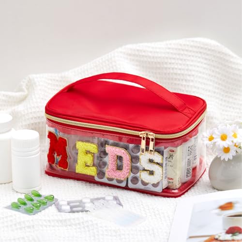 Geetery Chenille Letter Bag, Meds Cheer Travel Cases Cheerleader Gifts Cosmetic Bag Nylon Makeup Portable Preppy Patch with Zipper Toiletry Storage Case for Women(Red,Meds) - color: Red, style: Meds