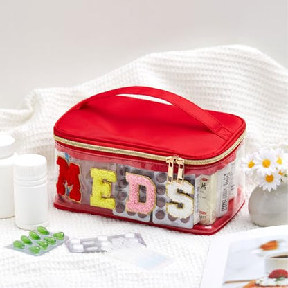 Geetery Chenille Letter Bag, Meds Cheer Travel Cases Cheerleader Gifts Cosmetic Bag Nylon Makeup Portable Preppy Patch with Zipper Toiletry Storage Case for Women(Red,Meds) - color: Red, style: Meds