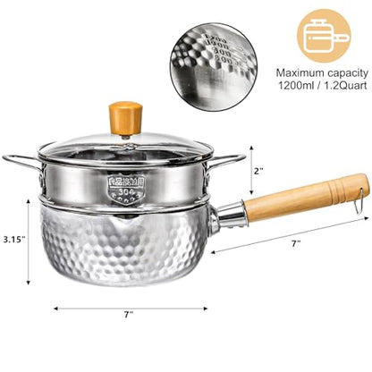DEAYOU Stainless Steel Saucepan with Steamer, 1.2 Quart Yukihira Sauce Pan with Lid, Traditional Japanese Small Cooking Pot with Wood Handle and Two Side Spouts for Milk, Ramen, Soup, Tempura, 7"