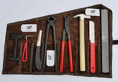 Professional Heavy Duty Horse Farrier Tools Kit Hoof Nipper Clincher Rasp Hammer Knife Forge Nail Grooming Kit with Leather Roll Up Wallet