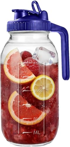 64oz Glass Mason Jar Pitcher with Lid, 2qt Breast Milk Pitcher with Spout - color: 64 OZ Blue