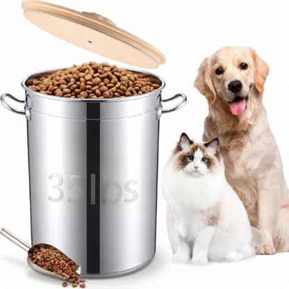 Maxdot 35 Lbs Stainless Steel Food Storage Container for Dog with Airtight Bamboo Lid Spoon & Wooden Claw Handle, Large Metal Pet Food Bin to Keep Fresh Easy Clean & Use for Dog Multiple Pet - size: 35 Lbs