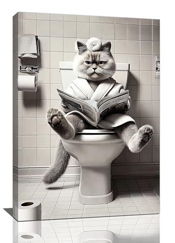 Funny Cat Bathroom Wall Decor Black and White Kitten in Toilet Canvas Wall Art Kitten Picture Print Bathroom Animal Artwork Decorations for Cat Lover Restroom Framed Gifts 16"X24" - color: Bathroom Cat, size: 24"L x 16"W