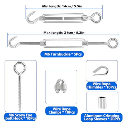 TooTaci 1/8" Wire Rope Kit, 100ft 304 Stainless Steel Cable, M6 Turnbuckles - color: 30M+M6 Turnbuckle Wire Tensioner Kit