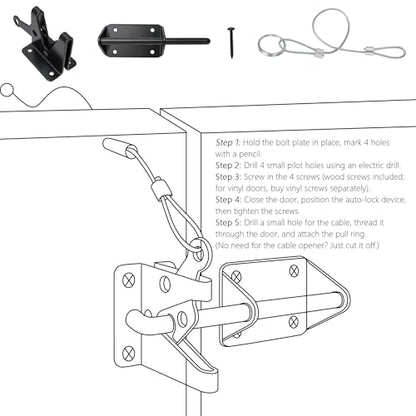 Heavy Duty Gate Latch for Wooden Fence with Cable Pull | Automatic Self Locking Gravity, Door Latch for Wood/Metal Gate, 7-1/2" Gate Hardware for Pool & Dog Door, Shed Garden, Black