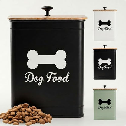 Metal Dog Food Container 5-7lb, 25 Cup w/ Airtight Bamboo Lid, Metal Handle - color: Black: Bone