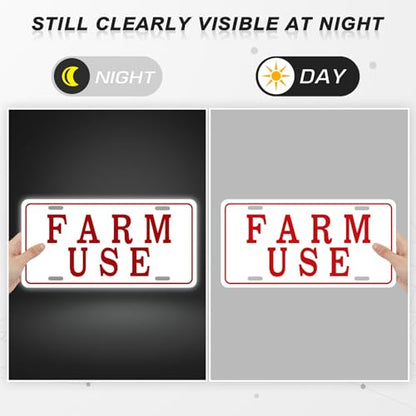 Blulu 4 Pieces Farm Use ID Tag Sign 12 x 6 Inch, Aluminum Reflective Rust Free Farm Use License Plate Weatherproof Metal Signs Easy to Install, Red and White