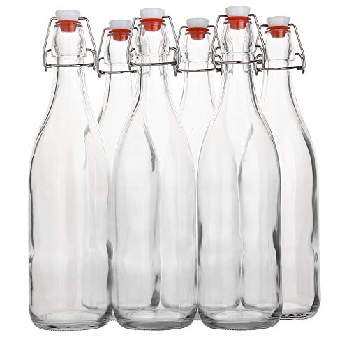 Flip Top Glass Bottle [1 Liter / 33 fl. oz.] [Pack of 6] – Swing Brewing with Stopper for Beverages, Oil, Vinegar, Kombucha, Beer, Water, Soda, Kefir Airtight Lid & Leak Proof Cap Clear - size: 33