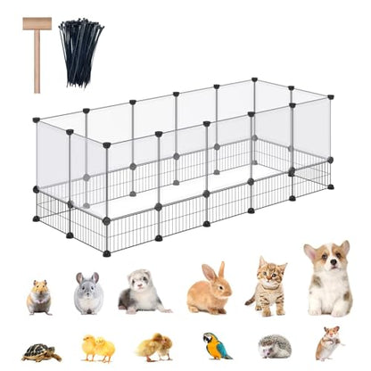 DINMO 28 Panels Bunny Playpen, Iron Net Bottom, 61.4" L x 25.4" W x 22.3" H - style: Plastic+Metal-28 panels-L