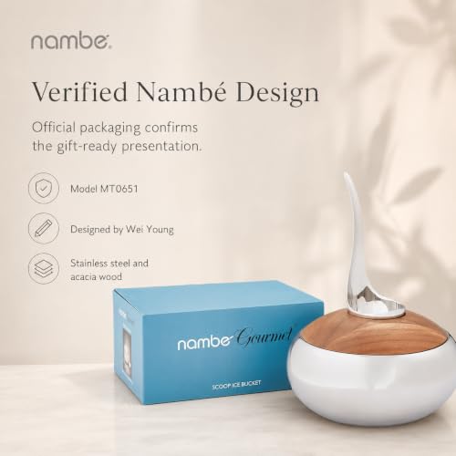 nambe Scoop Ice Bucket | Insulated Ice Bucket with Lid and Ice Scoop | Stainless Steel Chiller for Cocktail Bar, Parties Barware and Serve ware | Home Bar & Bar Cart Accessory | Dishwasher Safe | Insulated, Stainless Steel and Acacia Wood, 9"D x 5.7"H