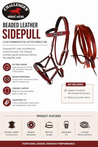 Horse Brown Leather Beaded Bitless Padded Sidepull Bridle w/ Reins 77RS17 - color: Mahogany/Beaded