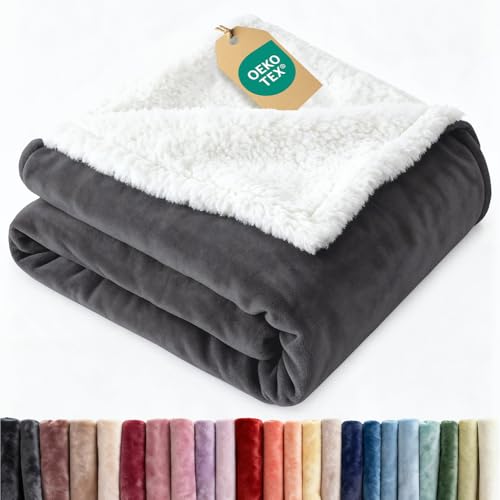 Sherpa Fleece Blanket Throw - Reversible Blanket - Dark Grey, 50" x 60" - color: 01 - Dark Grey, size: Throw (50" X 60")