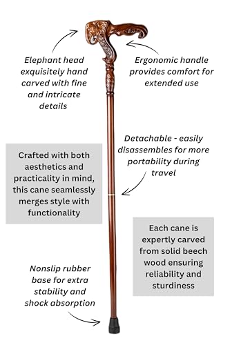 Hand Carved Wooden Walking Cane with Ergonomic Handle and Rubber Tip for Men and Women - Fashionable Unique Walking Stick for Seniors - 37 inch - style: Elephant