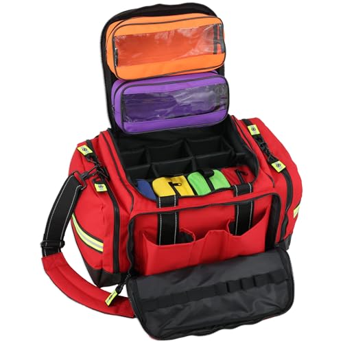 Lightning X Personalized EMT Trauma Bag – Large ALS Medical Bag with 6 Color-Coded Pouches, MOLLE Panel, Waterproof Bottom, Reflective EMS Gear, Custom Embroidered Name or Logo | LXMB35 - color: Red