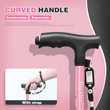 BigAlex Folding Walking Cane with LED Light,Pivoting Quad Base,Adjustable Walking Stick with Carrying Bag for Men/Women - color: Pink(5'5"-6'3")