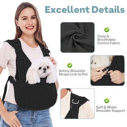 Supet Dog Sling Carrier for Small Pet, 95% Cotton Adjustable Front Backpack | Hands-Free Anti-Anxiety Chest Pouch, Reduces Back & Neck Pain Soft Bag, Fit Small Dogs, Cats, Puppy (Black Regular 0-7Lbs) - color: Black, size: Regular (0-7 LBS)