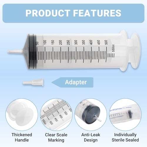 500ml Large Syringe, Epoxy Plastic Syringes for Liquids with Tip Adapter | 500cc Syringe for Scientific Labs, Measuring, Watering, Refilling, Filtration, Plants, Multiple Uses, Individually Sealed - style: 500 ML