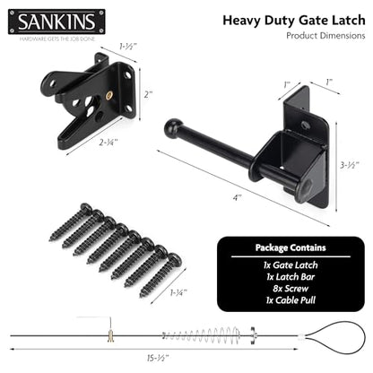 4" Self-Locking Gate Latch for Wooden Fence with Cable Pull, 2pcs | Automatic heavy duty fence latch, gravity gate latch for metal gates, secure pool garden shed, black, with spring cable pull - size: Upgrade